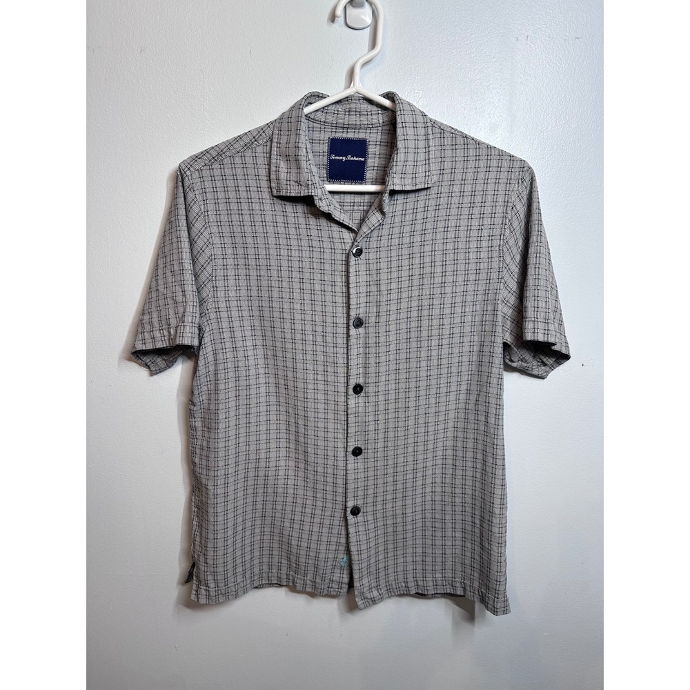 Tommy Bahama  Small 100% Silk Short Sleeve Button Down Shirt Grey Grid Marlin